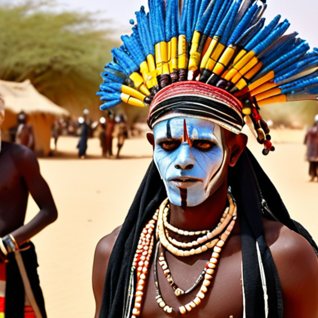 **Prompt:** Gerewol Festival, Wodaabe men, elaborate face paint, colorful headdress, dancing, vibrant clothing, desert setting, cultural celebration, Niger.
