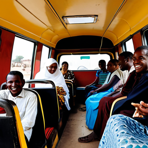 A vibrant scene inside a traditional Nigerien "Brousse" (minibus). A diverse group of local people, fully clothed in modest, everyday attire, are seated, some smiling and interacting. The minibus interior is filled with simple luggage and a sense of communal travel, with a hint of a bustling market street outside. Perfect anatomy, correct proportions, natural poses, well-formed hands, proper finger count, natural body proportions. High-quality photography, realistic, inviting atmosphere, safe for work, appropriate content, fully clothed, family-friendly.