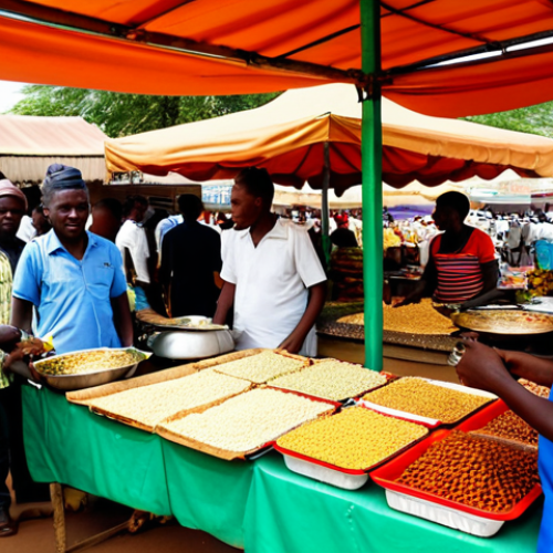 Home 20 Niamey Grand Marché Food Stall**
A bustling scene at the Grand Marché in Niamey. Focus on a vibrant food stall with a variety of local dishes (Dambou, fried beans). Vendors and customers interact. Add "safe for work," "appropriate content," "fully clothed," "family-friendly," "perfect anatomy," "correct proportions," "natural pose," "professional photography," "high quality."
**