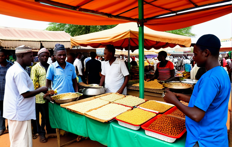 Niamey Grand Marché Food Stall**

A bustling scene at the Grand Marché in Niamey. Focus on a vibrant food stall with a variety of local dishes (Dambou, fried beans). Vendors and customers interact. Add "safe for work," "appropriate content," "fully clothed," "family-friendly," "perfect anatomy," "correct proportions," "natural pose," "professional photography," "high quality."

**