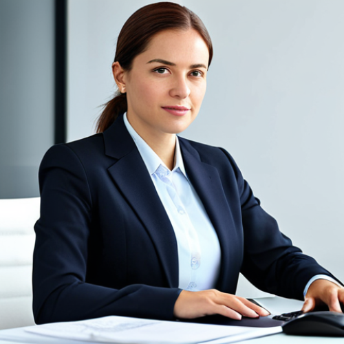 Home 19 Businesswoman in Office**
A professional businesswoman in a modest business suit, sitting at a desk in a modern office, fully clothed, appropriate attire, safe for work, perfect anatomy, natural proportions, professional photography, high quality.
**