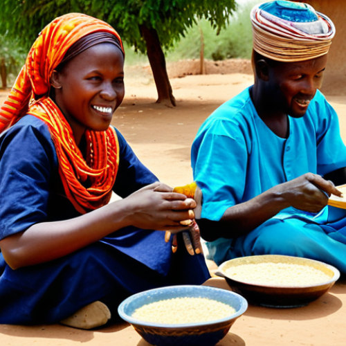 Home 18 니제르의 대표 음식 종류 - Rural Niger Meal**
"A family enjoying a meal outdoors in a Niger village. The focus is on "Dambou" ...