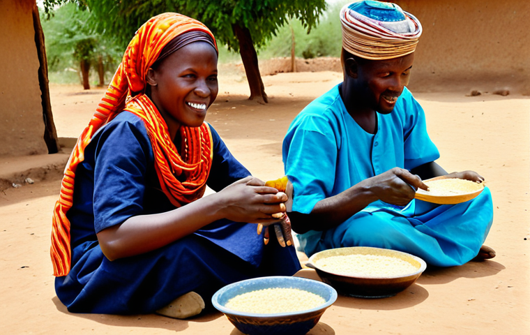 니제르의 대표 음식 종류 - Rural Niger Meal**

"A family enjoying a meal outdoors in a Niger village. The focus is on "Dambou" ...
